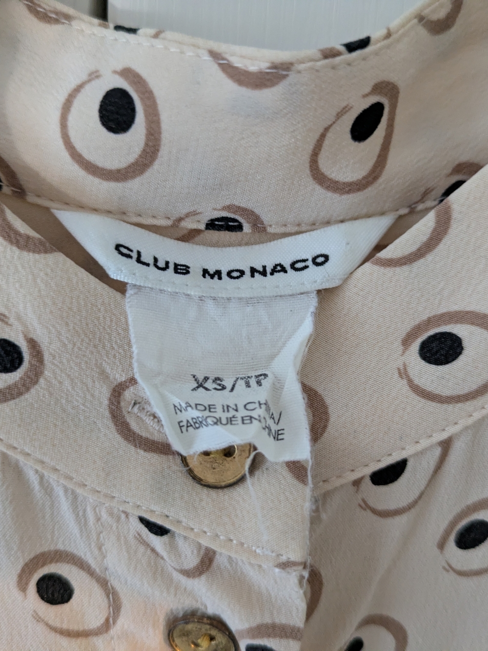 Club Monaco Silk Cream Button-Down Shirt with Circular Eye Print - Picture 3 of 7